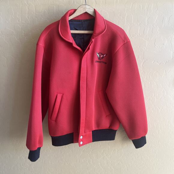 Red Vintage Chevrolet Corvette Mesh Fabric Snap Button Bomber Jacket Satin Lined - Picture 1 of 9